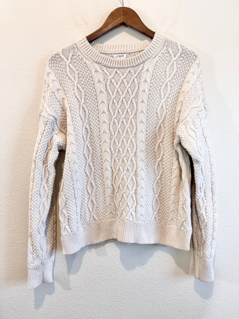 J.Crew Cable Knit Sweater Coastal Grandma Cottagecore Preppy Cream Large C46 - Picture 3 of 11